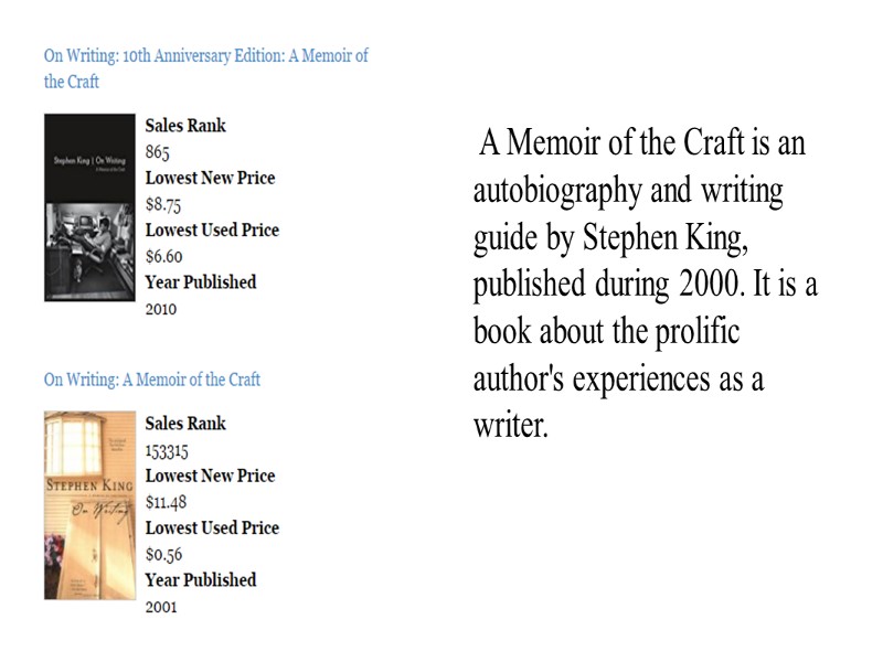 A Memoir of the Craft is an autobiography and writing guide by Stephen King,